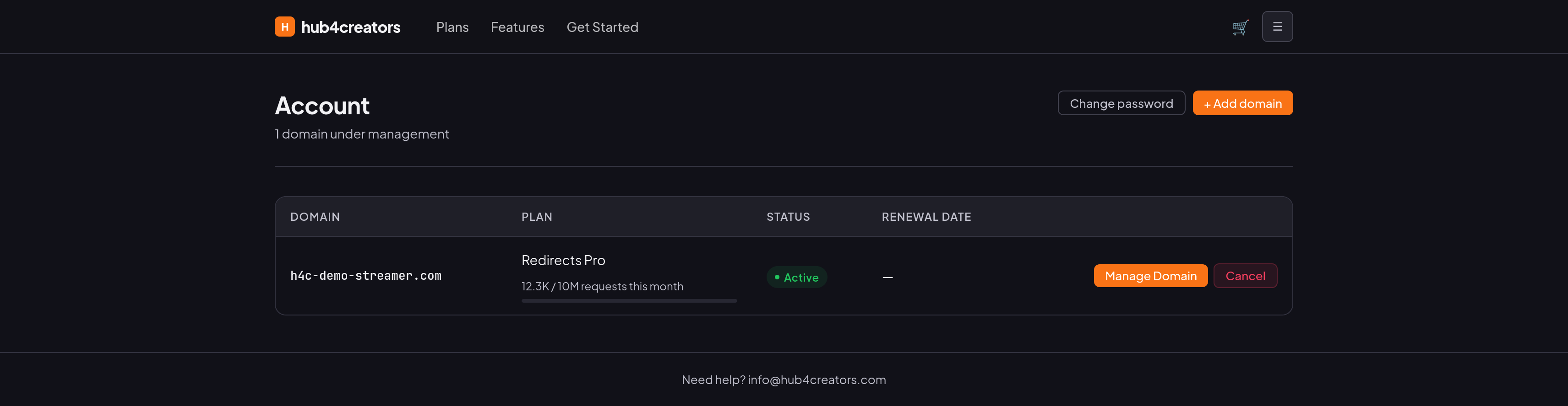 Hub4Creators account dashboard