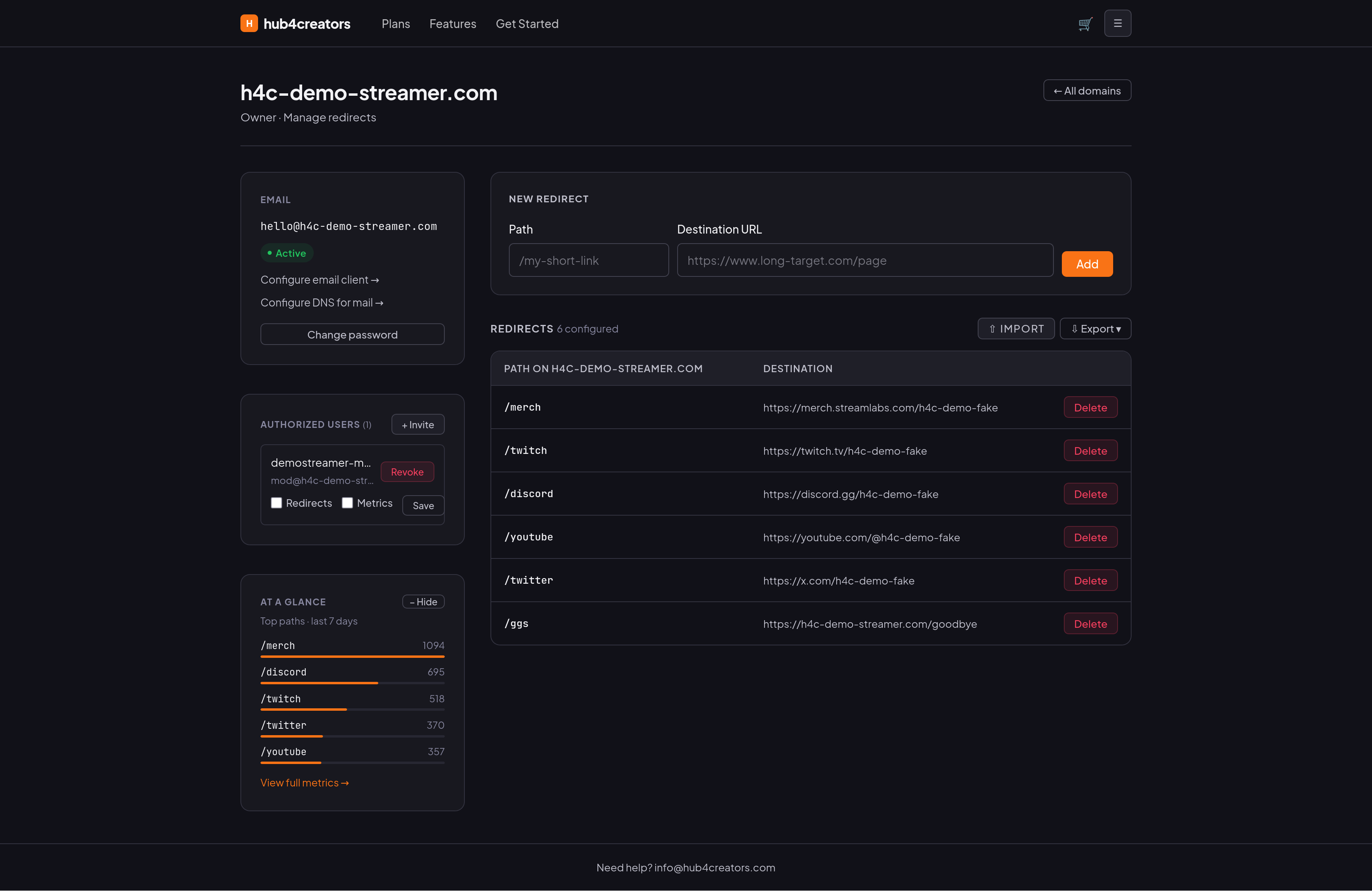 Hub4Creators redirect management